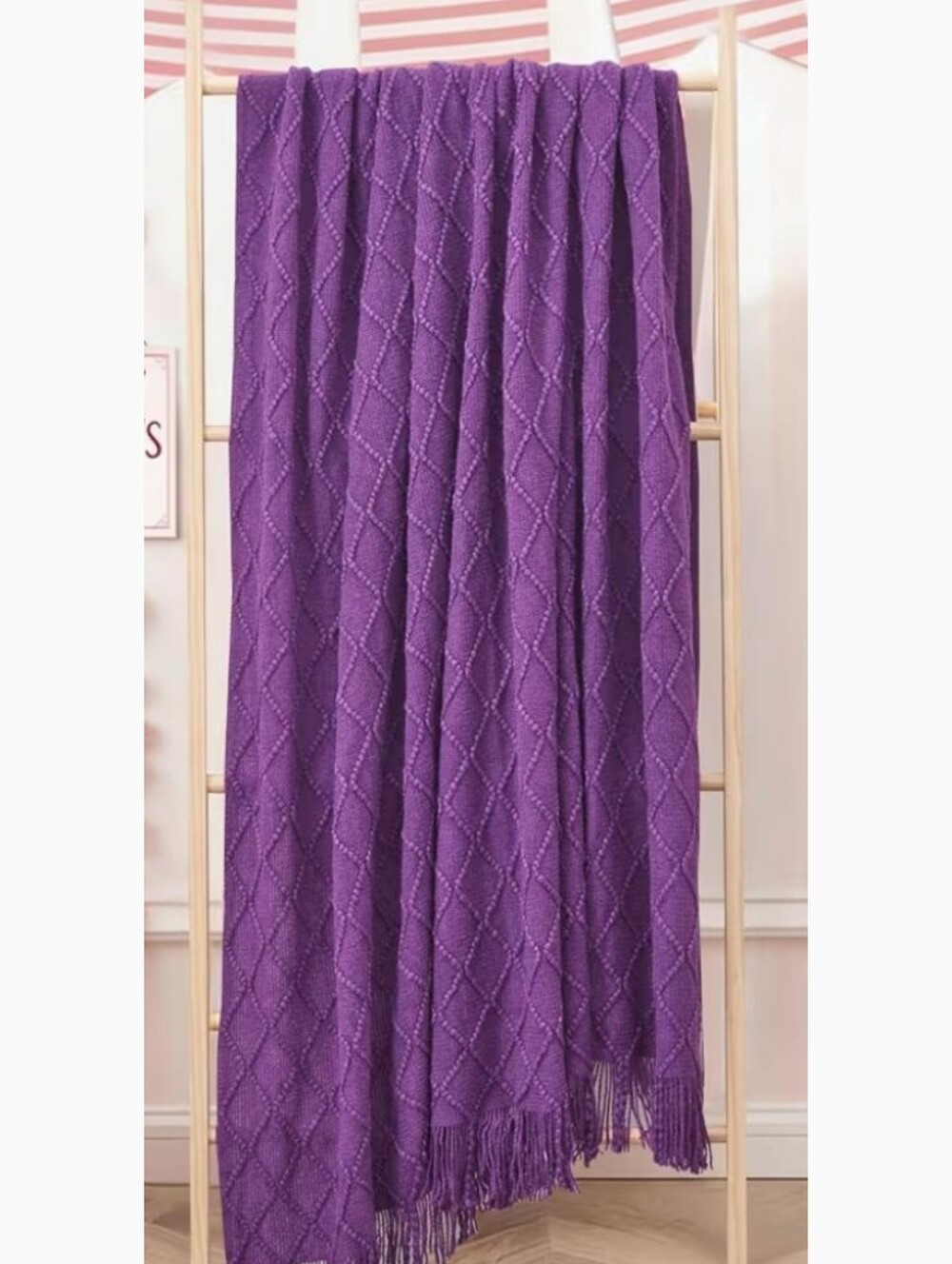 NWT 60"x80" Large Acrylic Knit Throw Blanket With Tassel Fringe In Purple